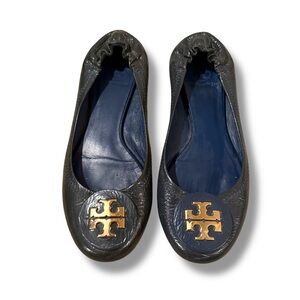 Tory Burch Minnie Scrunch‎ Navy Blue Leather Ballet Flats Sz 7 Estimated